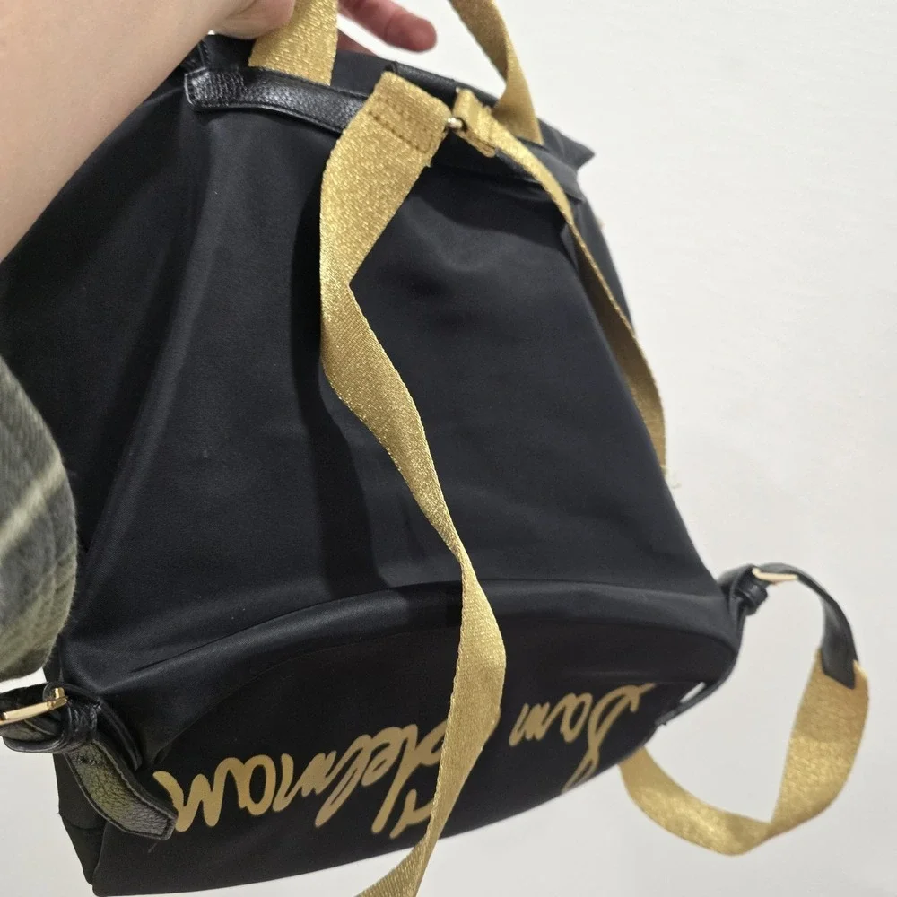 Sam Edelman‎ Black Nylon Backpack Gold Hardware Scarf Drawstring Flap Pocket...